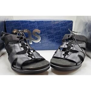 NIB Women's SAS Sedona Lace-Up Leather Wedge Sandals Black Sparkle Size 10M